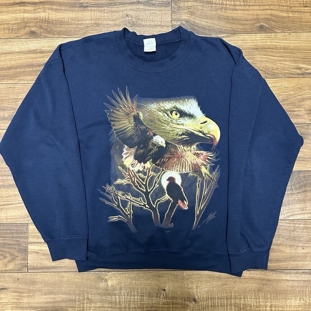 Y2K Eagle Sweatshirt Men Large Navy Bald Eagle Nature Graphic Outdoors Casual